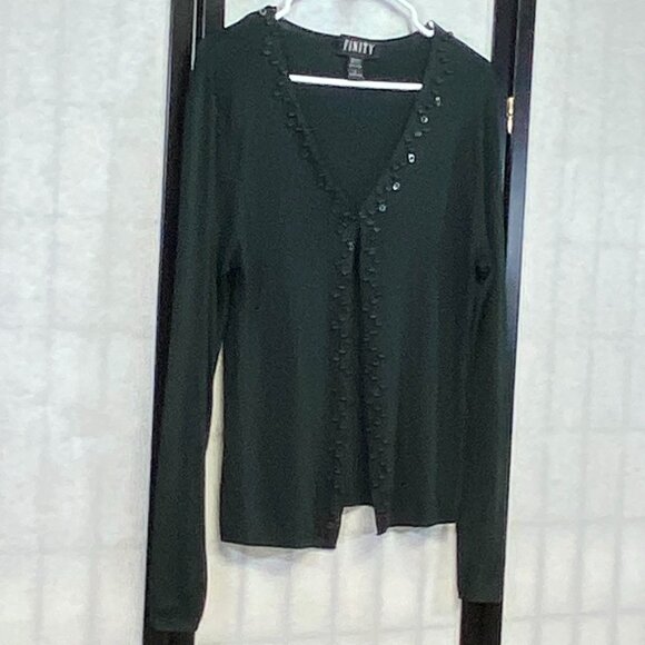 Finity Black Rib Knit Open Cardigan Sweater Long Sleeve V-Neck Button Accent L - Picture 3 of 12